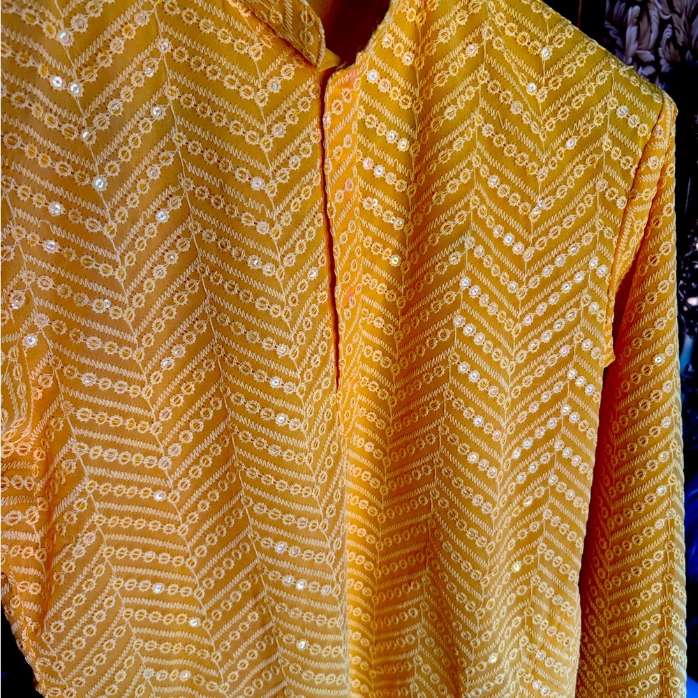 Vibrant Yellow Embroidered Handmade Luxury Kurta - Size 42 - Picture 8 of 15